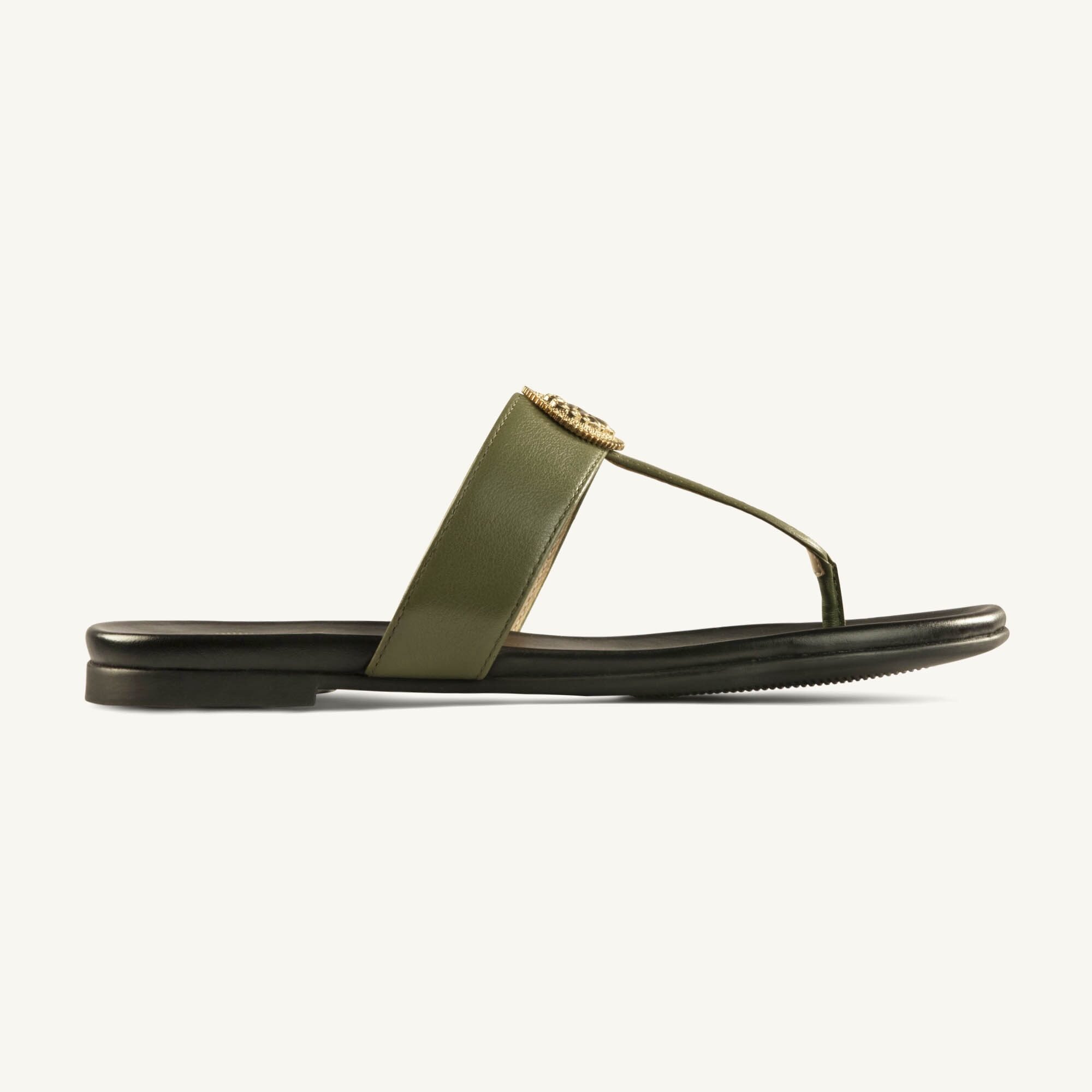 Benu Green 062A8473 Benu Green Gold Pasha Leather Thong Sandal - Image 1
