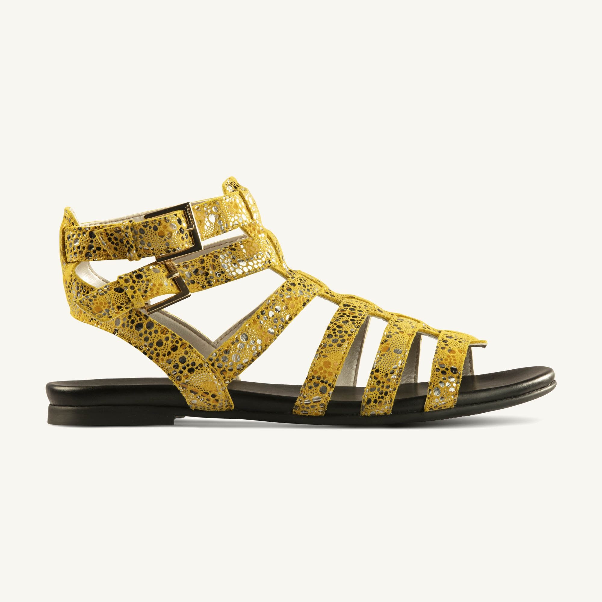 Bindi Yellow 062A8477 Bindi Printed Foil Leather Gladiator Sandal - Image 1
